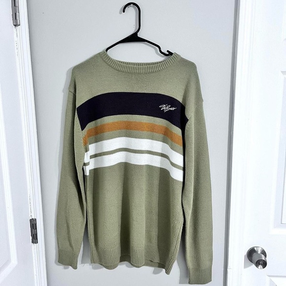 Willie Esco - vintage men’s 90’s olive striped embroidered graphic sweater - Picture 1 of 6